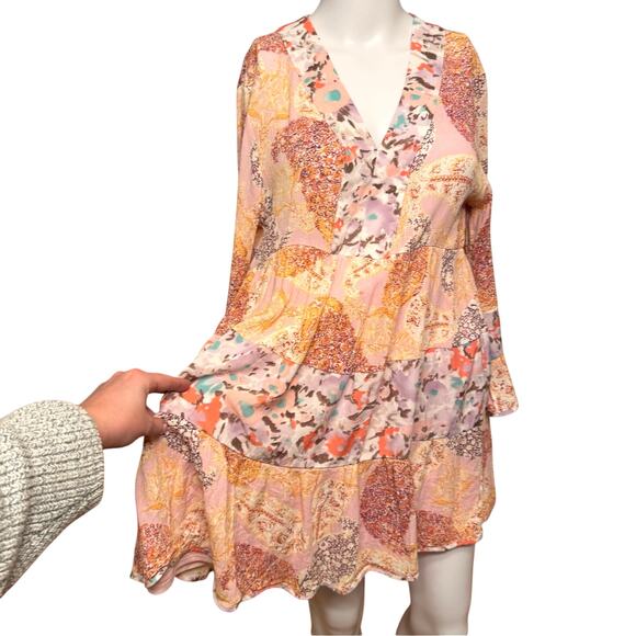 Entro Boho Floral Patchwork Mini Dress Size M Bell Sleeve Tiered Ruffle Cottage - Picture 1 of 11